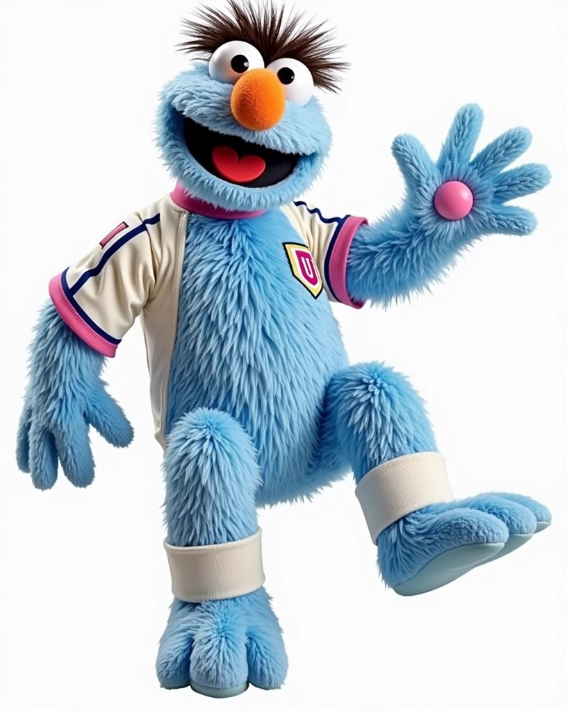 pancho contreras, Sesame Street character painted in light blue, with a cream soccer jersey with a cherry-colored U as a shield, sitting signing a contract