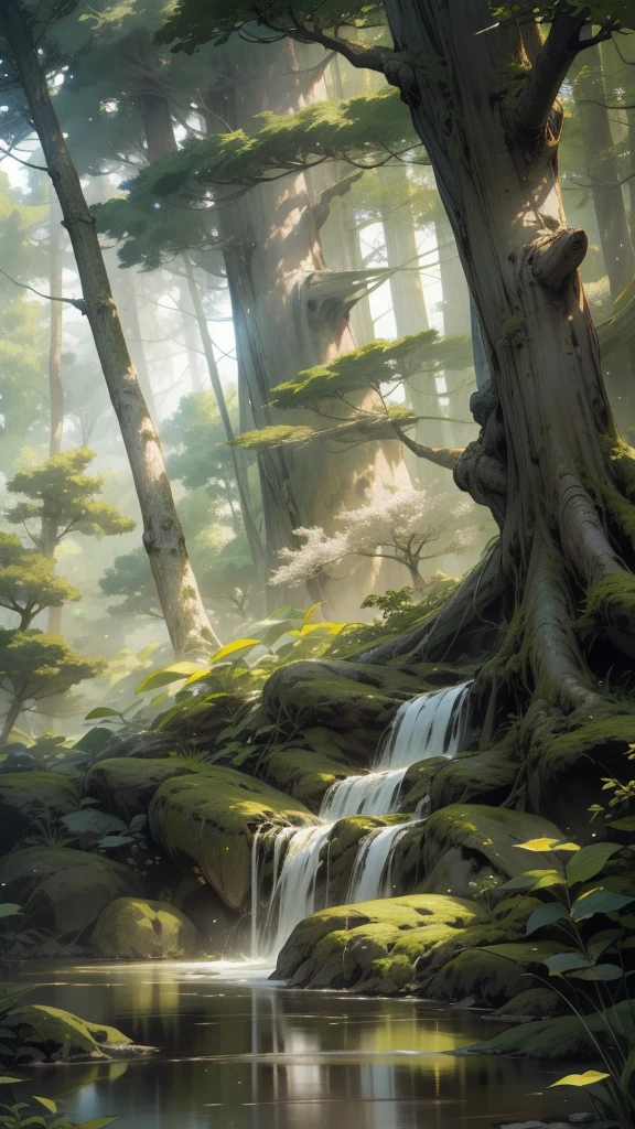 Viral anime nature wallpaper in 4K quality, in the style of digital illustration inspired by Hayao Miyazaki, featuring a serene forest with towering ancient trees, dappled sunlight filtering through the leaves, a gentle stream flowing through the scene, and mystical creatures peeking from behind the foliage; vibrant and warm color temperature, cosmos lighting with stars twinkling in the sky, no human characters, the atmosphere is tranquil and enchanting --v 5 --stylize 1000