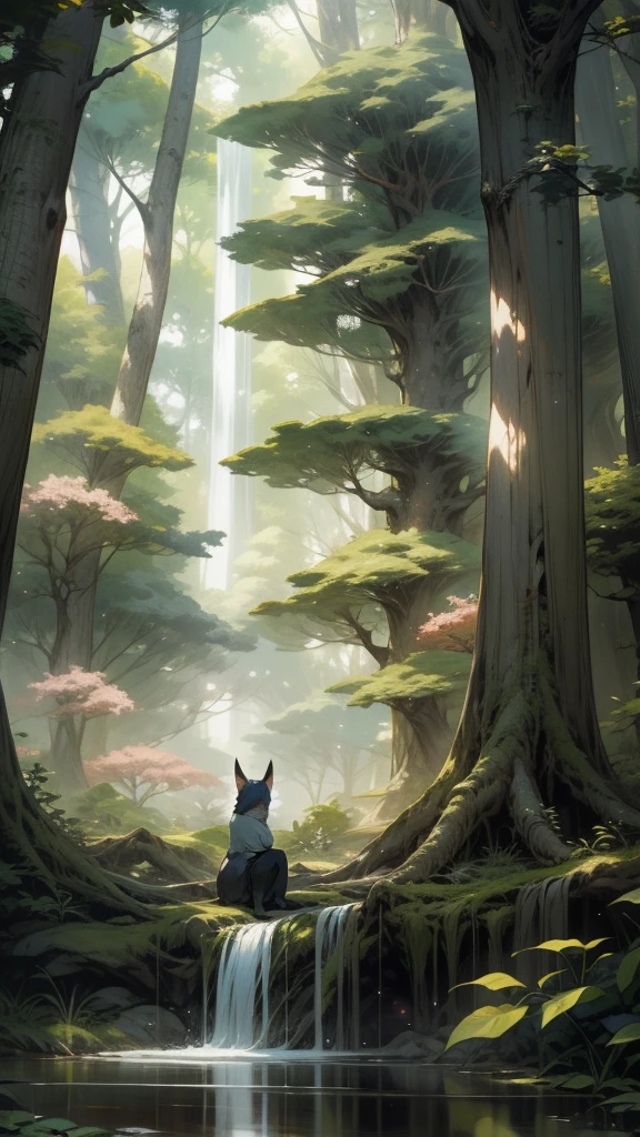 Viral anime nature wallpaper in 4K quality, in the style of digital illustration inspired by Hayao Miyazaki, featuring a serene forest with towering ancient trees, dappled sunlight filtering through the leaves, a gentle stream flowing through the scene, and mystical creatures peeking from behind the foliage; vibrant and warm color temperature, cosmos lighting with stars twinkling in the sky, no human characters, the atmosphere is tranquil and enchanting --v 5 --stylize 1000