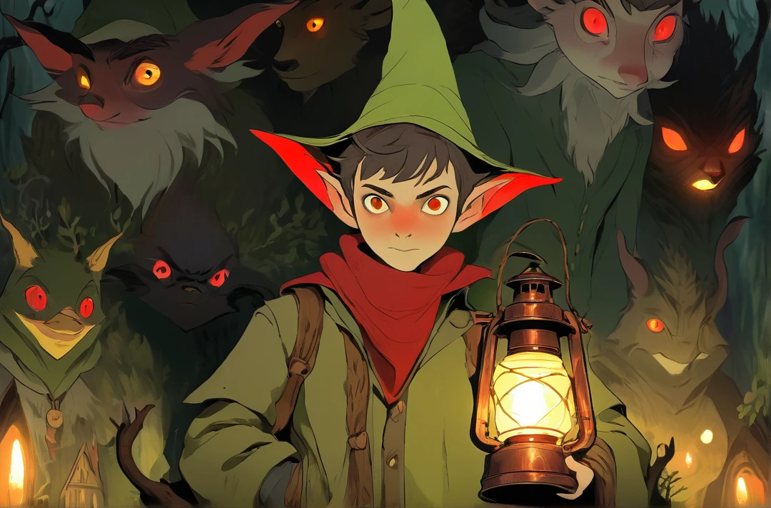 Beast wirt Bad end friends: teenager,human,horns made from tree branches, red pointed gnome hat,earth-toned sweater clothes that are over a white collared shirt and ordinary gray pants,green and yellow and red eyes,pose looking at the viewer while holding an antique lantern, Super detailed