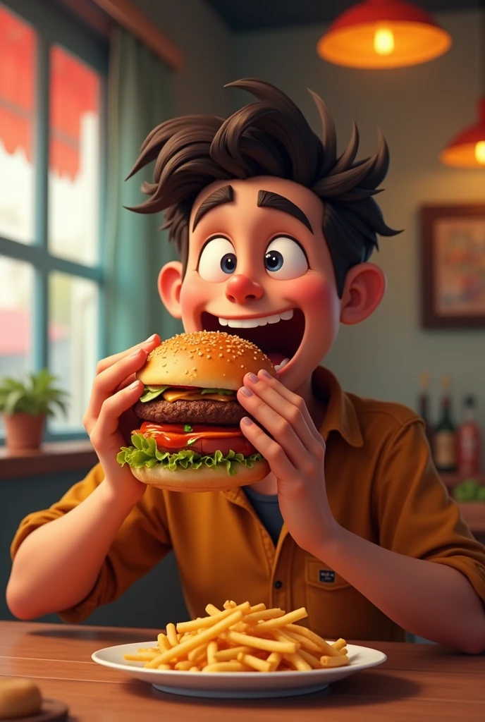 Matias eating hamburgers