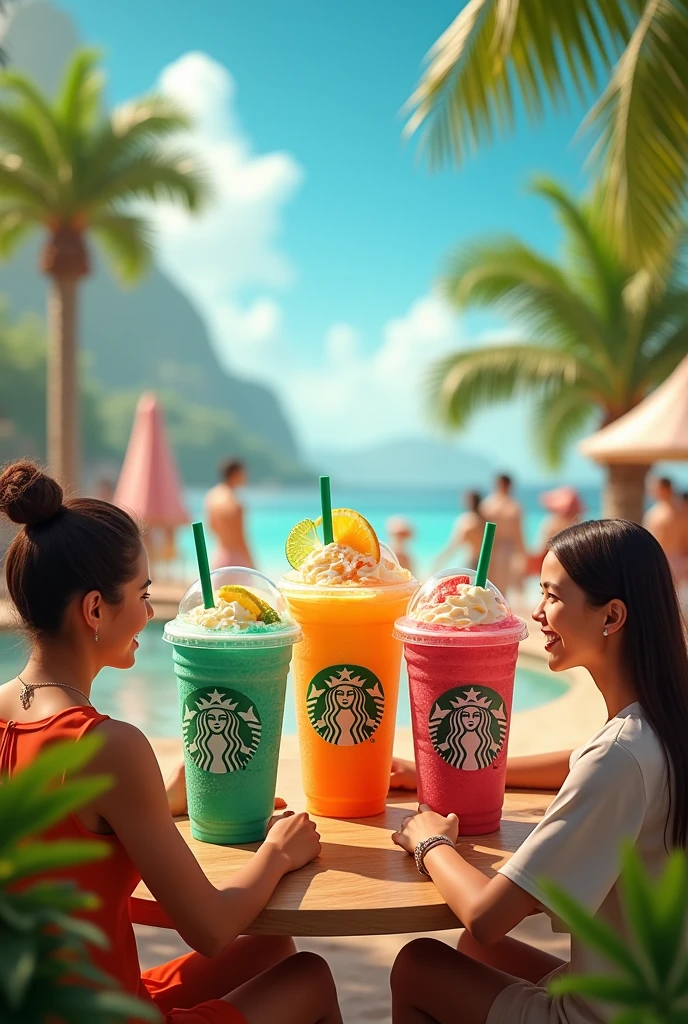 create an image for a Starbucks ad with tropical colors Starbucks have tropical flavors use people in this