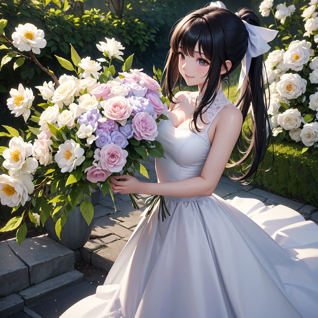 masterpiece,Highest quality,high definition,High resolution,4K,8k,Ultra-high-definition CG,masterpiece,Highest quality,high definition,High resolution,4K,8k,Ultra-high-definition CG,Anime illustration style,1girl, anime painted, front angle, pose standing, shiny black twin tail hair,black, accessories ribbon, expression smiling,arms behind back,Scene of a garden full of flowers、In a wedding dress、Behaving gracefully。fashion model posing ,shiny skin,Low angle ,fashion model posing ,holdng a flowers.bouquet.