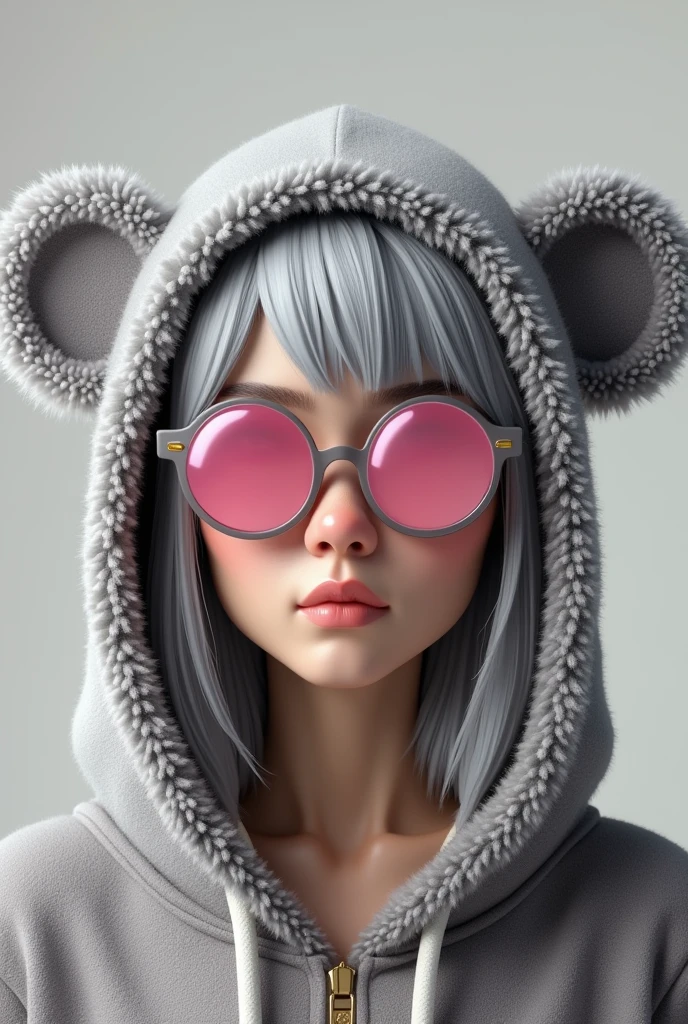 a whimsical sexy woman with grey hair and wearing a grey monkey hoodie hat ,put in pink oakley sunglasses 3d render