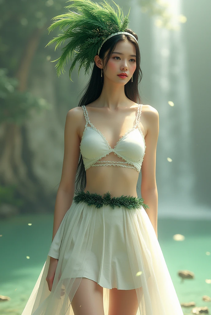 dressed in a short white thigh-length skirt, with a belt made of small dark green feathers , white sleeveless cropped top with an accessory made up of feathers in different shades of dark green, ranging from a deep green to slightly lighter tones, creating a shadow and depth effect used on the side of the head, held by a band that wraps around the forehead.