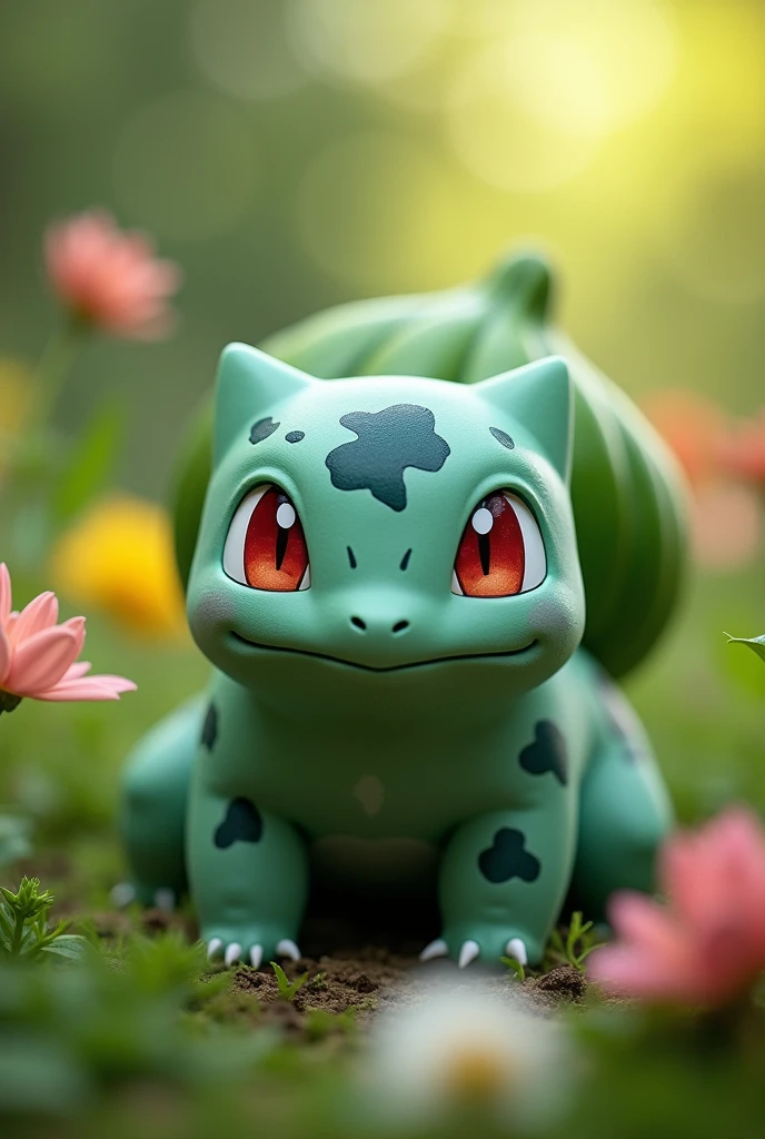 centered, award-winning photo, (looking at the viewer:1.2), |  Bulbasaur_Pokémon, |garden, flores,  | bokeh, depth of field, cinematographic composition, | 