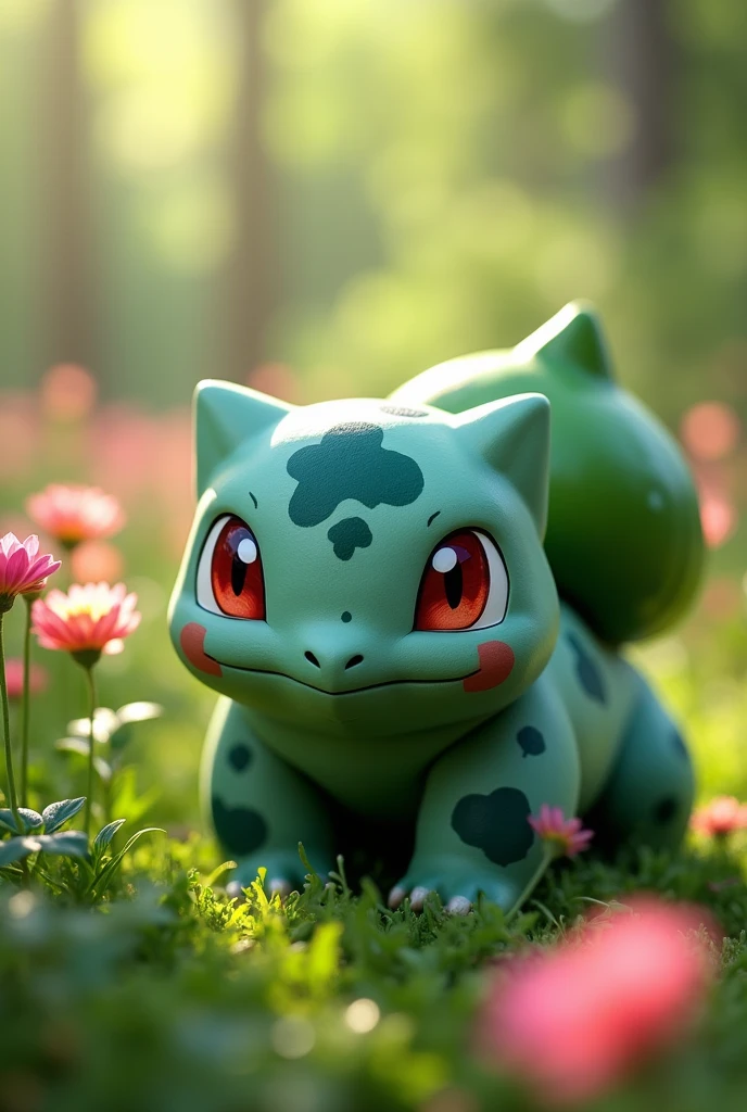 centered, award-winning photo, (looking at the viewer:1.2), | Bulbasaur_Pokémon, |garden, flores, | bokeh, depth of field, cinematographic composition, |