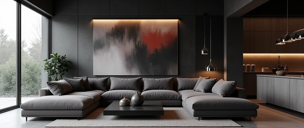 reate a realistic render of a modern and luxurious living space with an industrial and minimalist design, set on a single floor. The room features large floor-to-ceiling windows on one side, allowing natural light to softly illuminate the space. A spacious, plush sectional sofa in a dark, muted tone is positioned centrally, surrounded by modern décor elements. Above the sofa, a series of sleek, metallic pendant lights with reflective surfaces hang down, adding an element of sophistication.
The living area is complemented by a large, dark coffee table placed on a soft, neutral-toned rug that ties the space together. The background features a dramatic piece of modern art that brings depth to the room. On the right side, the space seamlessly transitions into a modern kitchen area with a clean, streamlined design. The kitchen is equipped with minimalist cabinetry, a sleek countertop, and subtle lighting that enhances the warm, cozy atmosphere.
The overall color scheme is dominated by dark and neutral tones, with carefully placed lighting to create a dramatic yet inviting ambiance. The entire design emphasizes simplicity, elegance, and functionality, making the space both aesthetically pleasing and practical for everyday living.