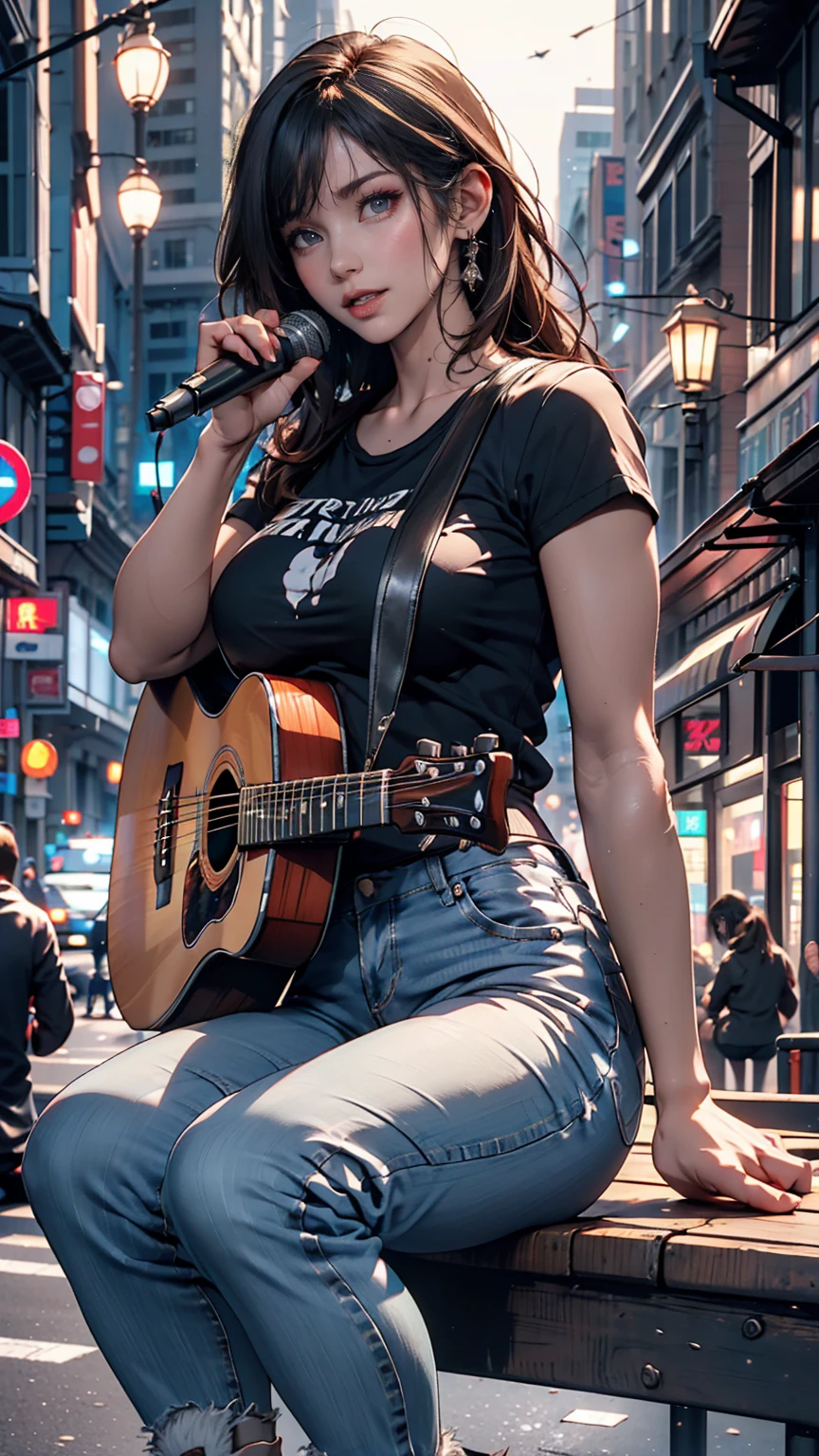 2 female。T-Shirts、jeans、sneakers、Silver Hair、semi-long、Downtown at night、Street Performance、sit on the guardrail、Singing while playing guitar(No microphone)、People around are excited、Sexy proportions、Narrow waist