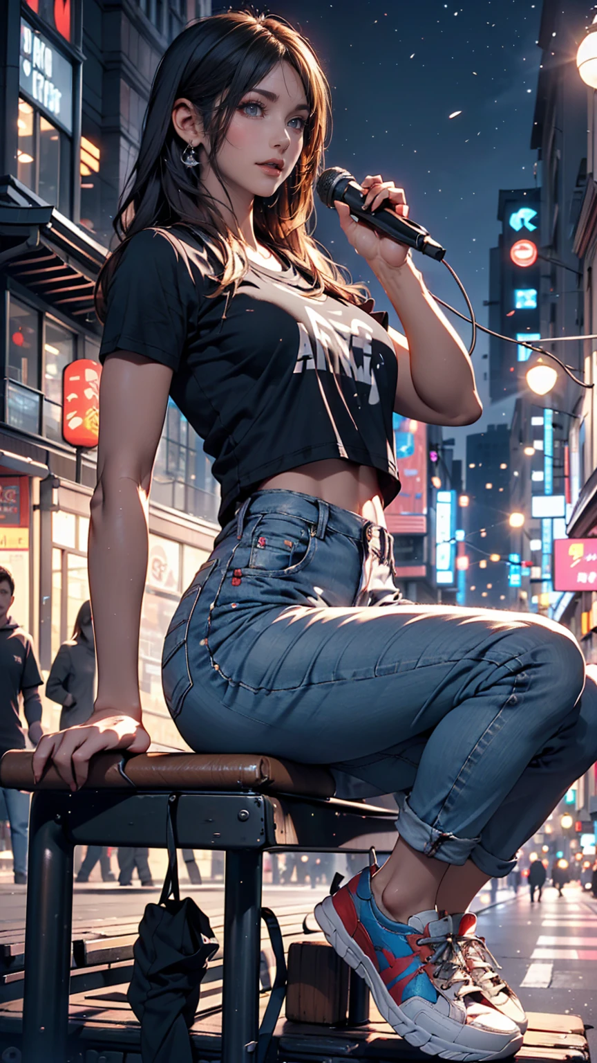 2 female。T-Shirts、jeans、sneakers、Silver Hair、semi-long、Downtown at night、Street Performance、sit on the guardrail、Singing while playing guitar(No microphone)、People around are excited、Sexy proportions、Narrow waist
