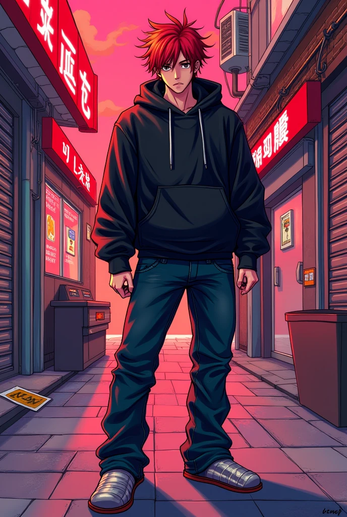 I want to add a cover for selling an iD or a game code. The anime style is a red-haired man wearing a black hoodie, jeans, and slippers. It must have the word NOXTEEP SHOP.