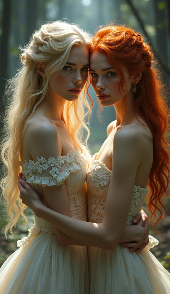 A very beautiful blonde queen and a very beautiful red-haired queen embrace and look at the camera, whole body, Looking at the camera, Watery eyes