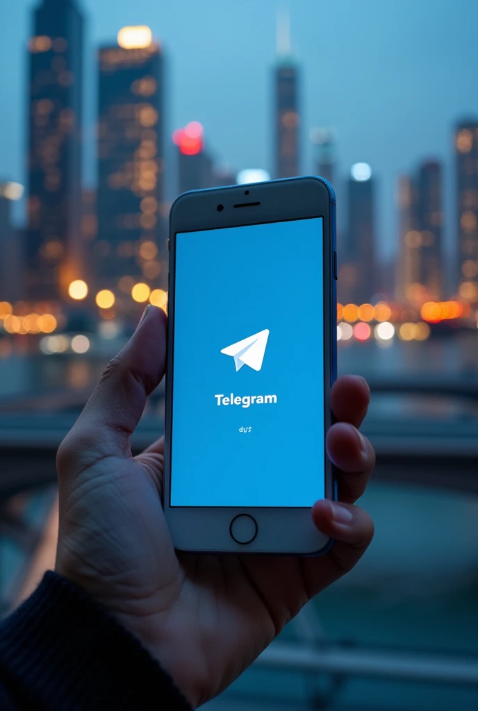 A cell phone on which Telegram is open with the channel name DRY5 and in the background high-rise buildings