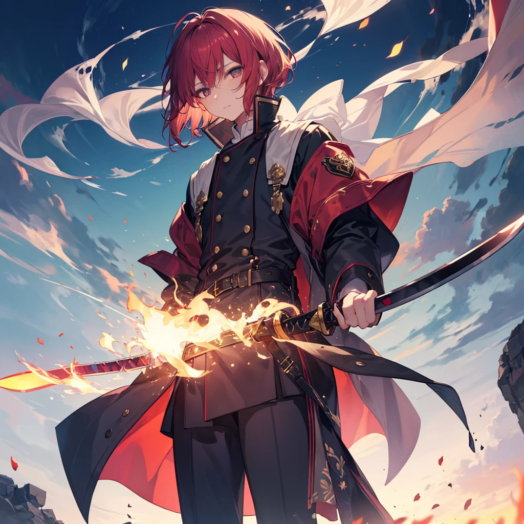 2 male, 180cm tall, androgynous beauty, sharp golden eyes, short messy flame-red hair, medium build, ethereal appearance, wearing a disheveled black dress shirt with rolled-up sleeves, black skinny pants, holding a katana surrounded by magical flames, sword master, twilight sky background, reflective water surface, detailed anime style illustration, intense expression with slight smile, hidden power aura, culinary magic theme, fire and sparks swirling around the character