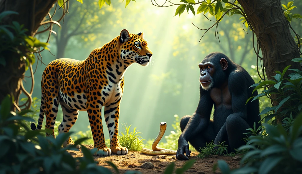 a jaguar, a snake and a chimpanzee an equatorial forest.