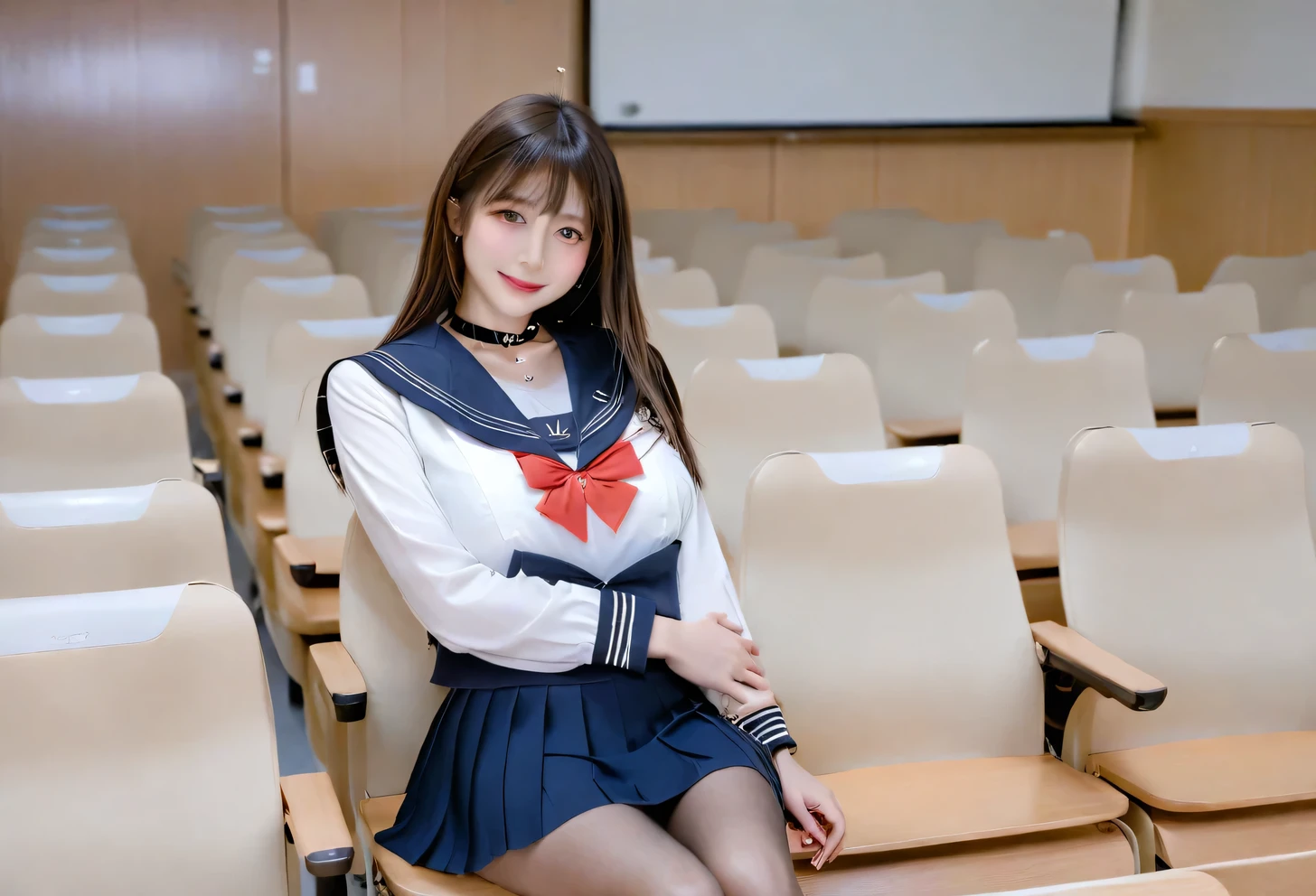 score_9, score_8, score_8up, score_7, Highest quality、masterpiece, group、((Sailor suit, mini skirt, uniform, Summer clothes)), Large Breasts, ((Layered Haircut)), Slim body, Slim face(8k,Highest quality),Shot from medium distances,lecture hall, Adorable, smile, Long brown hair, 32K, masterpiece, Best image quality,Ultra-high resolution,Perfect hands,Black choker、Almond Eye、bangs、Very thick and long eyelashes, ((Big Breasts))、Students listening to a lecture、A dreamy look、Natural Makeup、They are sitting side by side taking a class