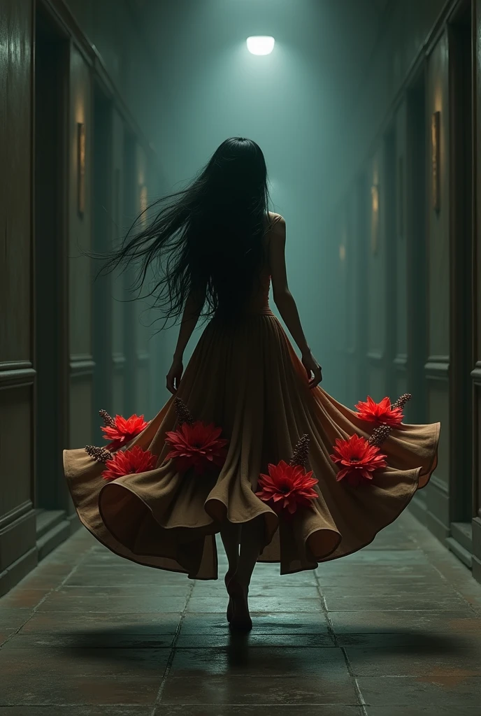 a faceless woman dancing at the end of a dark hallway, wearing a big brown skirt with red flowers and very long black hair down to her feet