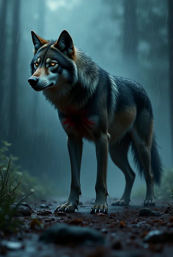 Lone wolf wounded in the chest on a rainy night