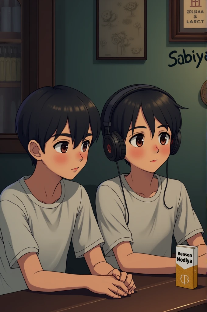 A 2 boy will be dressed in a white T-shirt, listening to music with headphones, a pack of "Benson" cigarettes next to the bar, and the name "Sabiya" carved on the wall
