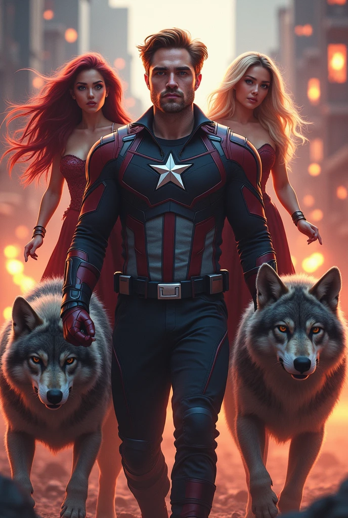 Avengers style image, that the characters are the actor Robert Pattinson, Shakira, Wolves and ROBLOX
