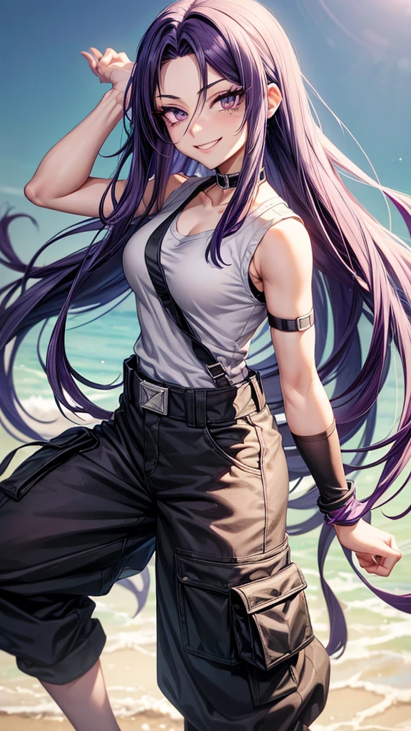 My hero academia anime style, female character with long dark purple hair and white ends, mole underneath the eyes, grey color eyes, long eyelashes, wearing a sleeveless shirt and cargo pants and a choker ,smiling 