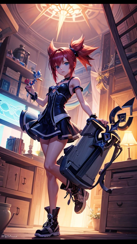 Characters from the Kingdom Hearts game series「Kairi」Create an image for,Show your keyblade,Alone in a dark room