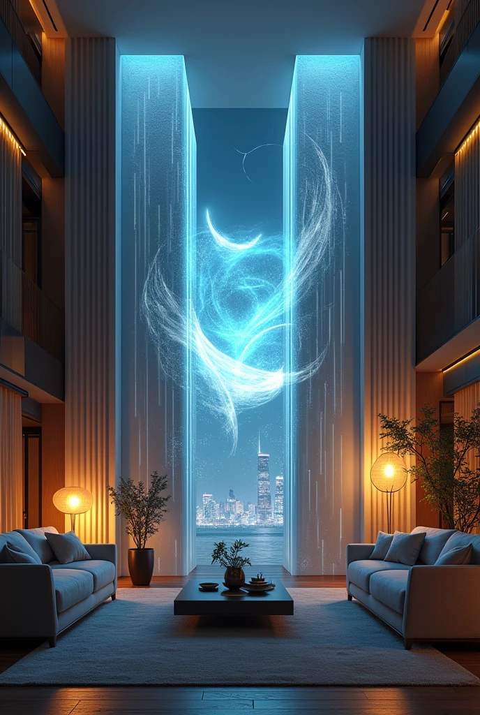 Two towers in the living room of a house projecting a 3d image in the middle