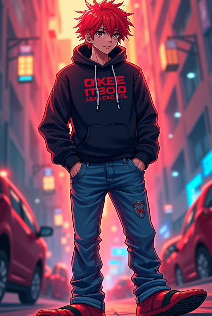 I want to add a cover for selling an iD or a game code. The anime style is a red-haired man wearing a black hoodie, jeans, and slippers. It must have the word NOXTEEP SHOP.