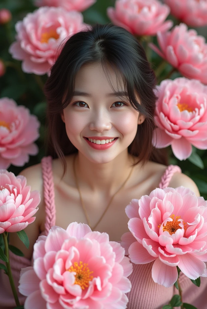 Photography，HD，Real People，1 Asian girl surrounded by peony flowers，Many pink flowers，The movements are natural and elegant，1，Slightly fat，sweet smile，teeth，Beautiful facial features，Exquisite makeup，Exquisite eyes，Eye details，big eyes，Pink yarn，Shoulder，hand臂，hand，Soft and fluffy hair，Soft light and shadow，Rich details