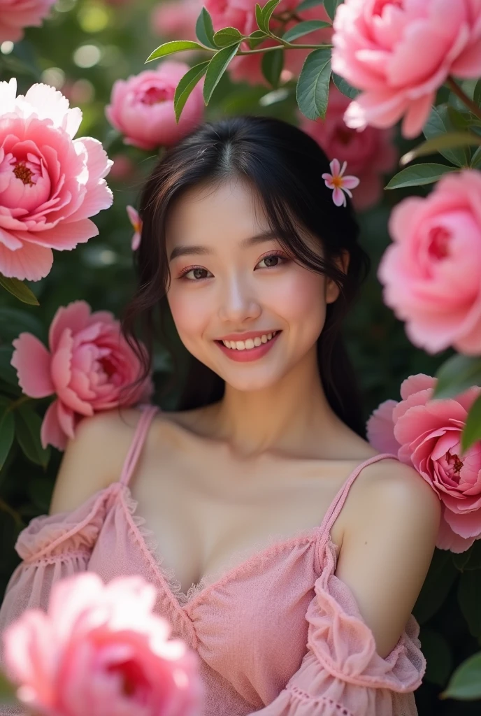 Photography,HD,Real People,1 Asian girl surrounded by peony flowers,Many pink flowers,The movements are natural and elegant,1,Slightly fat,sweet smile,teeth,Beautiful facial features,Exquisite makeup,Exquisite eyes,Eye details,big eyes,Pink yarn,Shoulder,hand臂,hand,Soft and fluffy hair,Soft light and shadow,Rich details