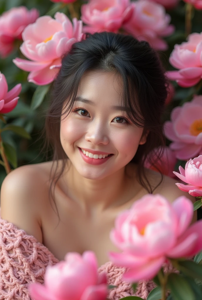 Photography，HD，Real People，1 Asian girl surrounded by peony flowers，Many pink flowers，The movements are natural and elegant，1，Slightly fat，sweet smile，teeth，Beautiful facial features，Exquisite makeup，Exquisite eyes，Eye details，big eyes，Pink yarn，Shoulder，hand臂，hand，Soft and fluffy hair，Soft light and shadow，Rich details
