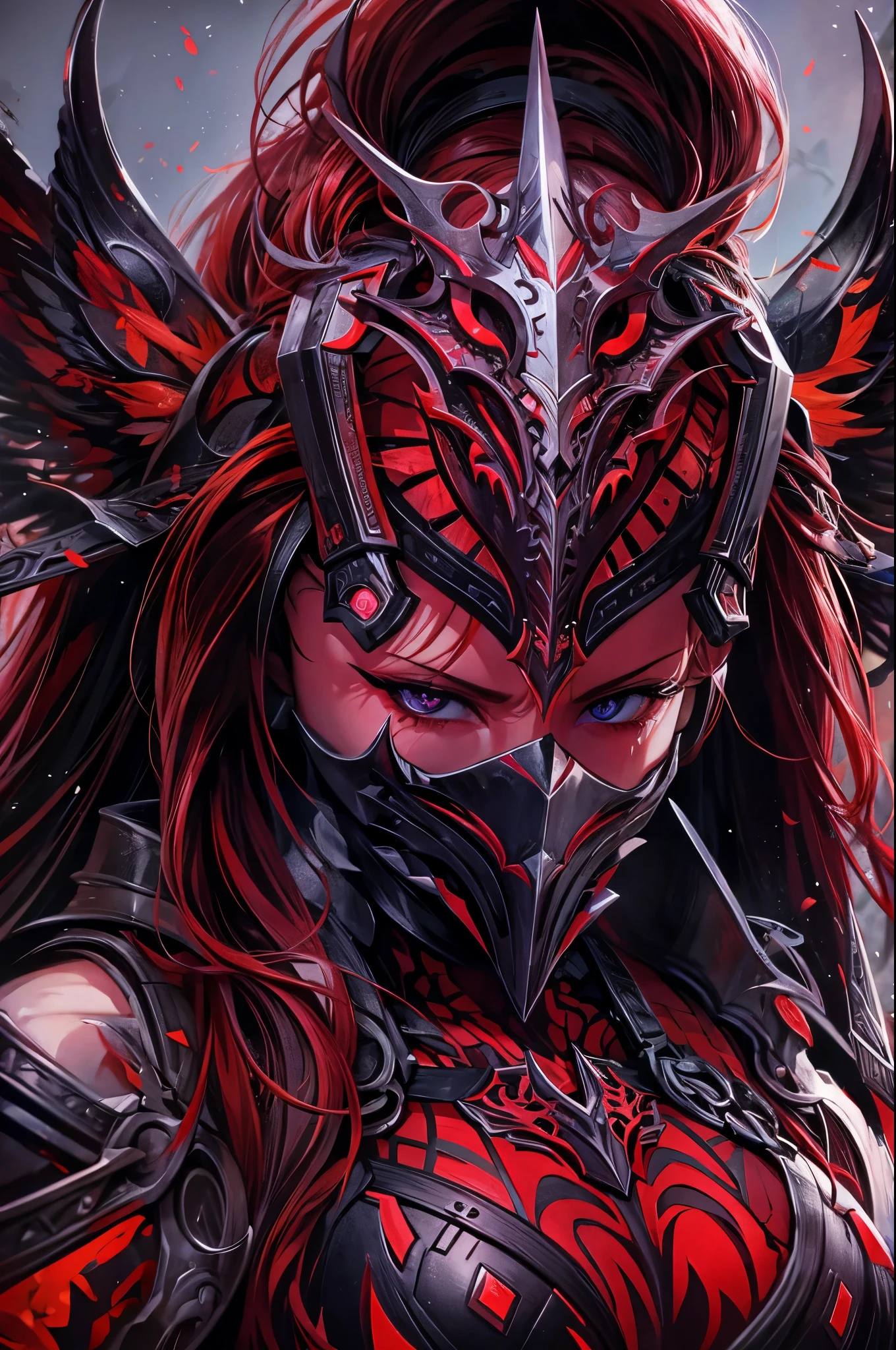body Portrait of a demonic Female Generail long red hair wearing red black armor she has horns and black wings 4k sehr detailierte details