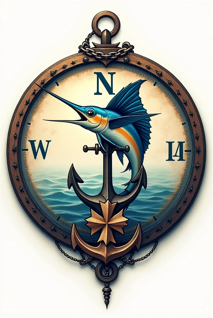 Make a circular shield with a sailfish in the center with an anchor at the bottom and a compass flower at the bottom. Add a cape outline and a chain at the top., and that the background shape only has the 4 cardinal points. The flower does not have to come out of the shield and only has to have 4 points.