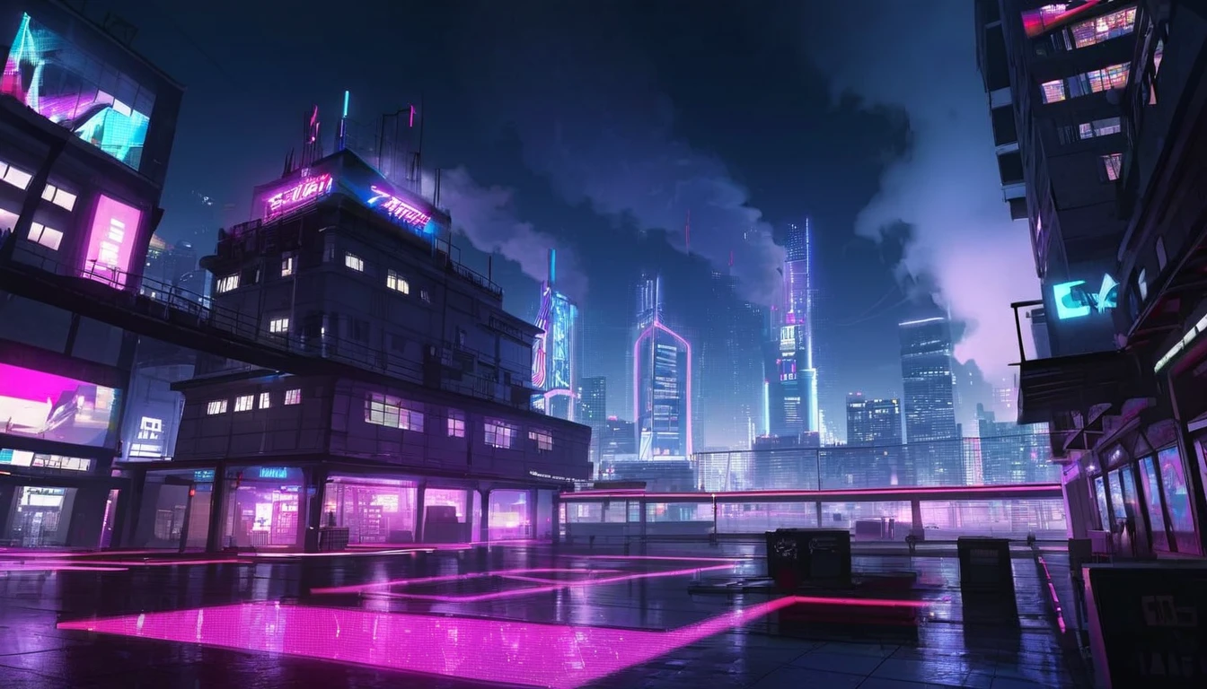 1 Furina, neon cyberpunk building, synthwave, hookah, neon smoke, night.