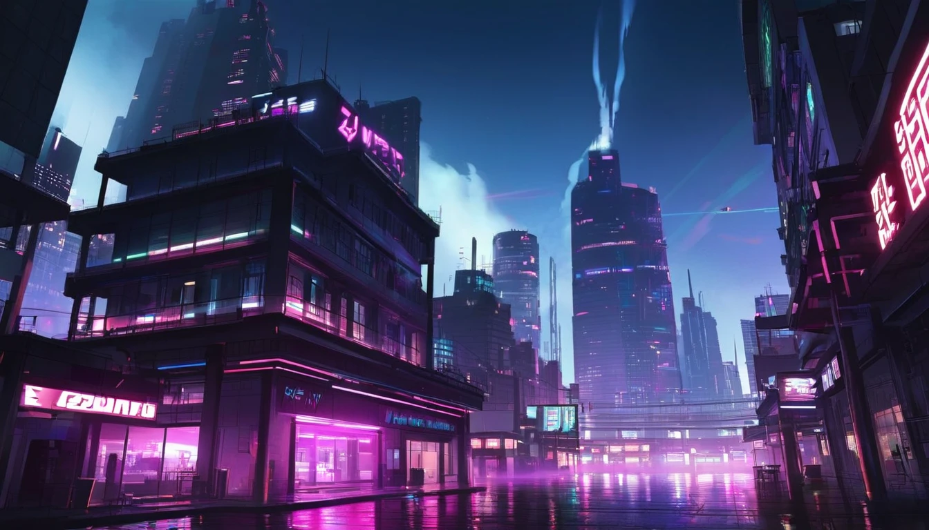 1 Furina, neon cyberpunk building, synthwave, hookah, neon smoke, night.