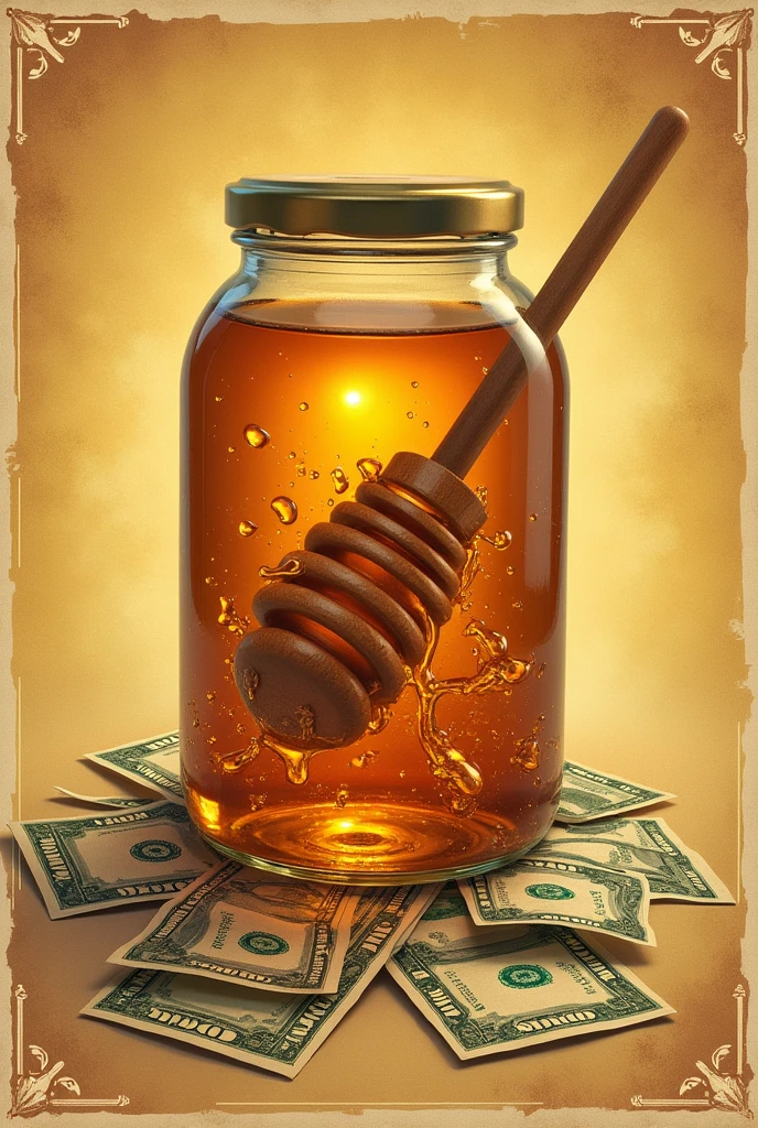 An advertising poster made in the 50s with a retro aesthetic containing a jar of honey with several dollar bills inside, mixed with honey