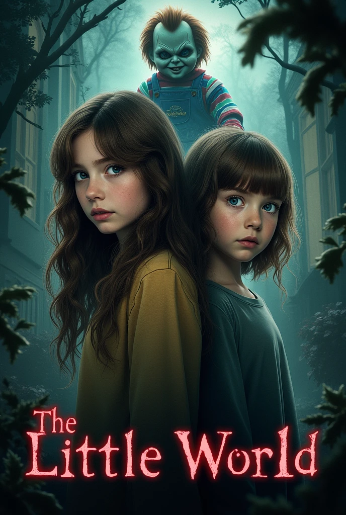 A poster for a series called " The Little World" with two girls, one of them with long brown hair and brown eyes and the other with medium wavy hair with light brown bangs and blue eyes, girls clothing style is 2018. In the background are horror characters like Bloody Mary, o Chucky, o Jason, An invisible man, And scary things. Poster realista com um pouco de dark fantasy.