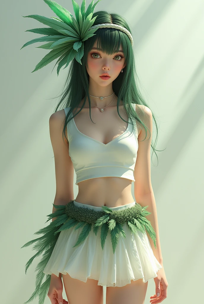 dressed in a short white thigh-length skirt, with a belt made of small dark green feathers , white sleeveless cropped top with an accessory made up of feathers in different shades of dark green, ranging from a deep green to slightly lighter tones, creating a shadow and depth effect used on the side of the head, held by a band that wraps around the forehead.