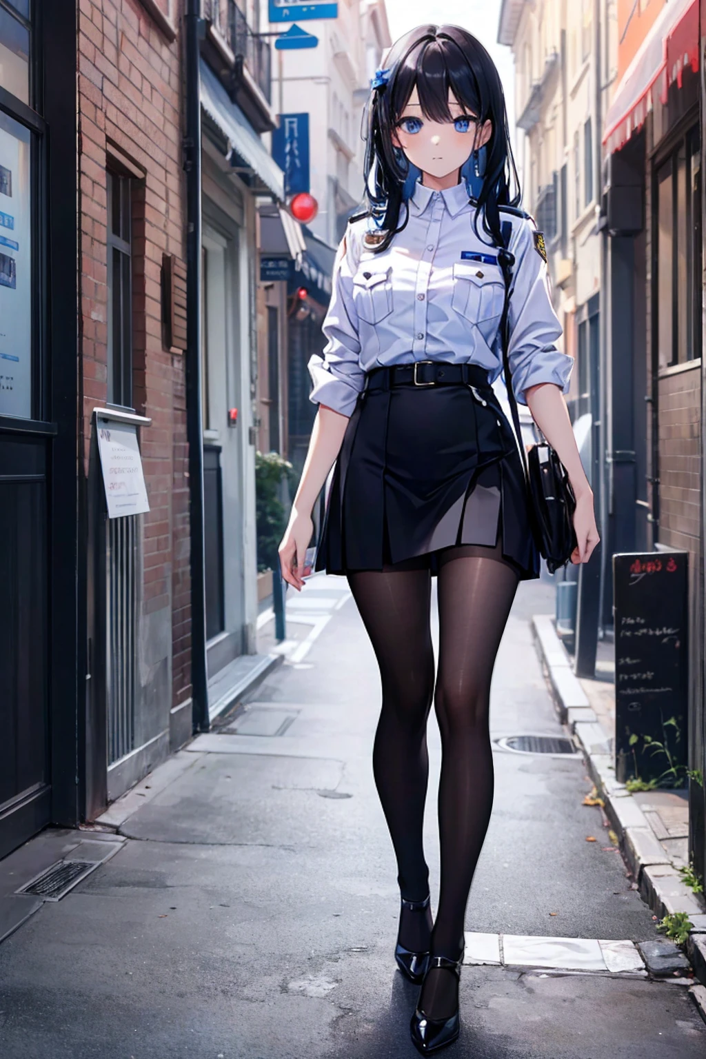 Ridiculous Resolutions, High resolution, (masterpiece:1.4), Very detailed, 1 person,blue eyes, Long black hair,Please wear a police uniform and a short skirt, White handbag、pantyhose、street,Sexy pose, The camera is close to the body