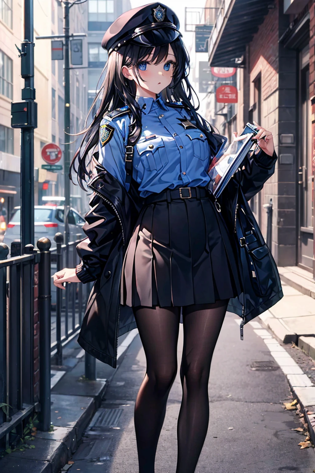 Ridiculous Resolutions, High resolution, (masterpiece:1.4), Very detailed, 1 person,blue eyes, Long black hair,Please wear a police uniform and a short skirt, White handbag、pantyhose、street,Sexy pose, The camera is close to the body