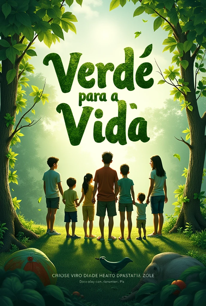 create a flyer with the title " green for life" put in Portuguese language . with people and children in front, place trees and green plants . the textured letters of tree leaves .