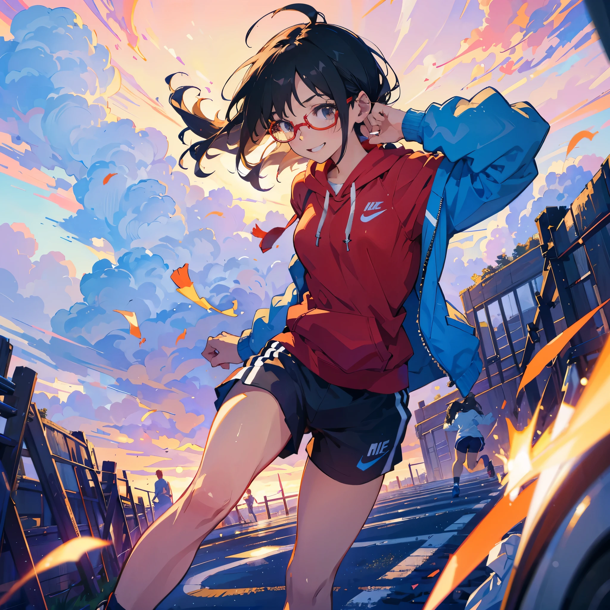 （Sportswear）、hoodie、Running style、Flying debris、Highest quality、An illustration、Great quality、OK、High resolution、8k wallpaper、Perfect dynamic composition、(((Ezvian everywhere)))、((Black Hair、Shortcuts))、Cute 20 year old、Beautiful face in every detail、Small and cute eyes、Fine skin、(Shortcuts:1.3)、(Red glasses)、Small breasts、smile、athlete、Athletics、女子Athletics選手　((Tie your hair back)) ,((running shoes))