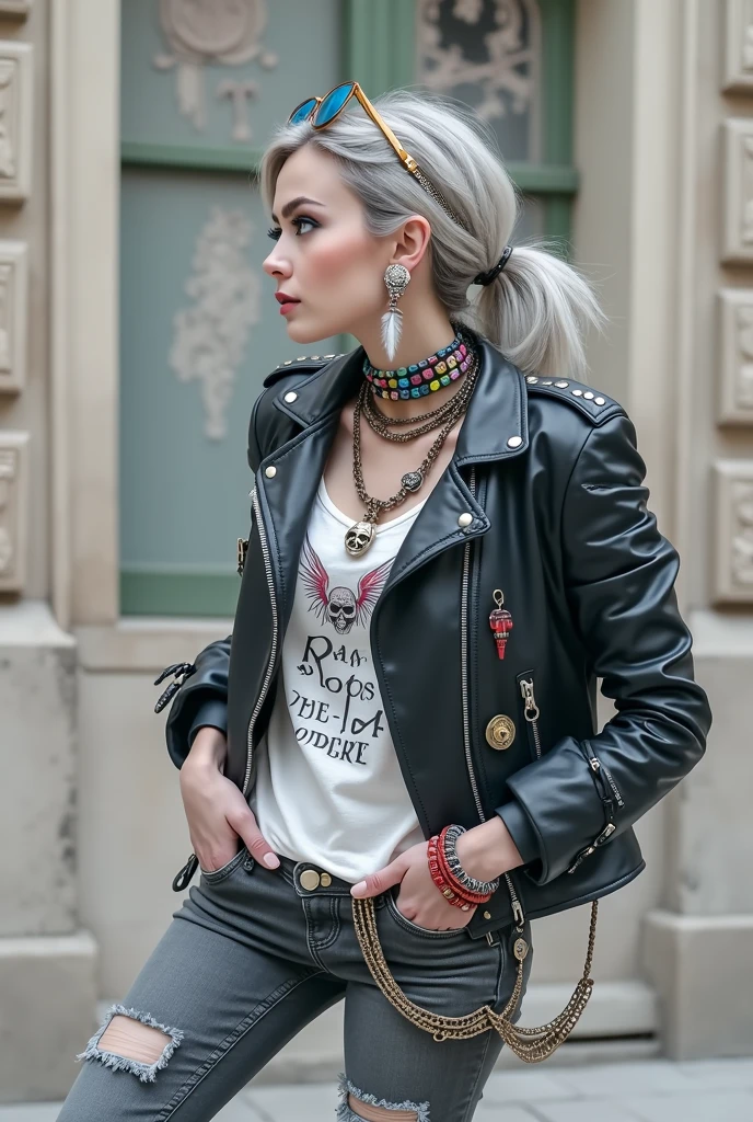 russian milf woman, grey hair (bun) and wide colourful maxi sunglasses as headband. Very light blue eyes, extremely pale. Wearing studded cropped black moto jacket with lots of zippers and pins, t-shirt with winged skull and gothic lettering , dark skinny blue jeans with holes and rags. Lots of colourful thick wide bracelets, colourful collars and colourful rings. Tacky wide studded leather belt with oversized skull and bones buckle. Long bohemian earrings with feathers. Standing up, humble facial expression. Hands in pockets, showing off bracelets and rings. Chains around belt.. Listening in amazement to somebody speaking to her, toned six pack abdominals, thin neck, slim legs and thin arms. Tattoed heavily. Huge black leather tote bag