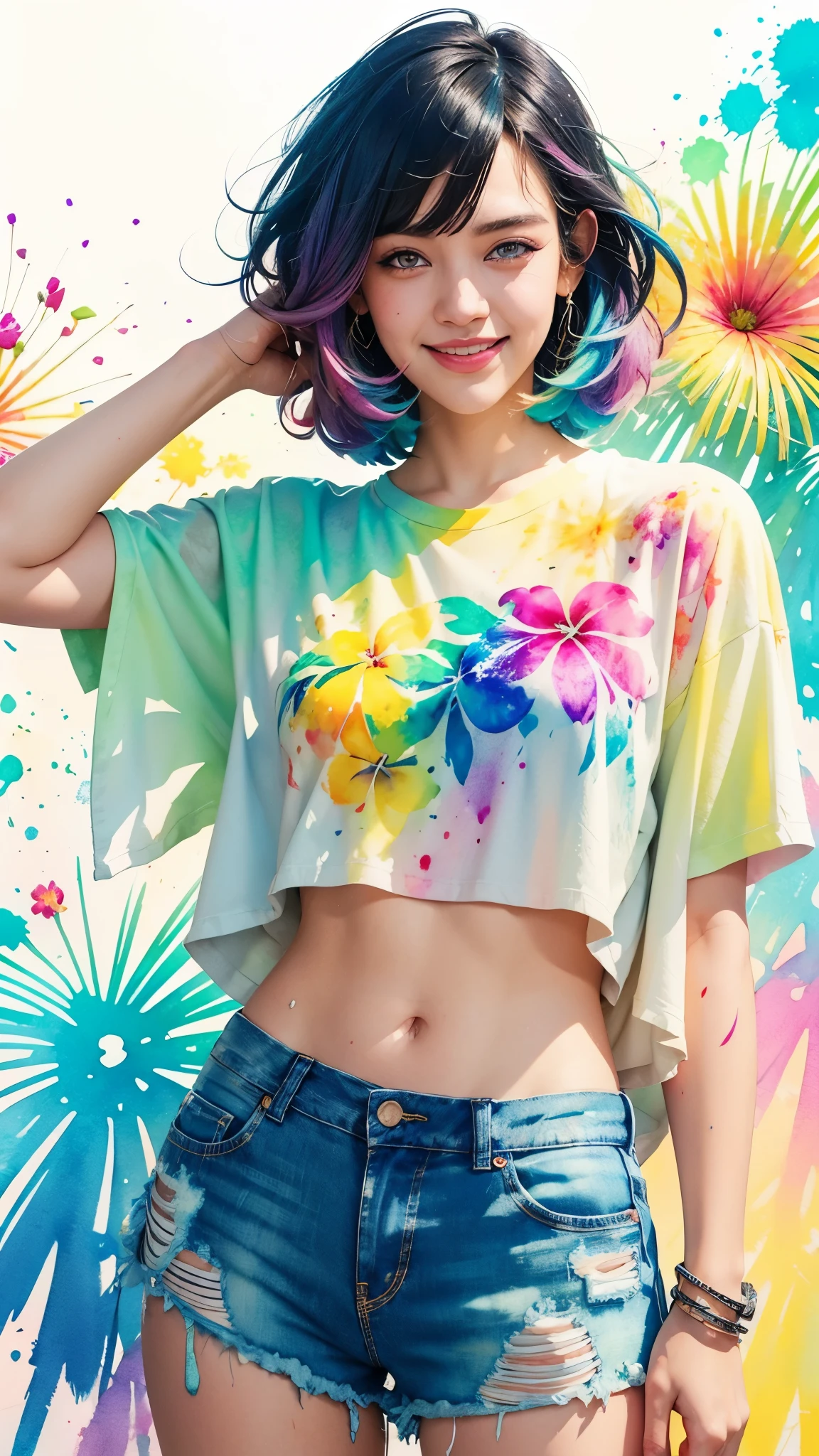 a Plumeria painting with a splatter background and spray paint effect, plumeria flower design t-shirt and jean shorts, upper body centered, multi-color hair, 1 eye closed, big happy smile, watercolor art,  watercolor painting, watercolor painting style, watercolor detailed art, watercolor digital painting, watercolor paint, masterfully detailed watercolor, watercolor art