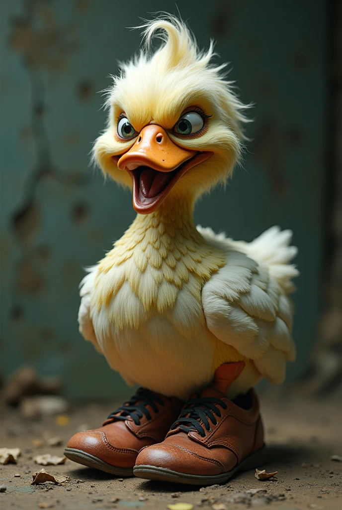 A weird duck angry with shoes