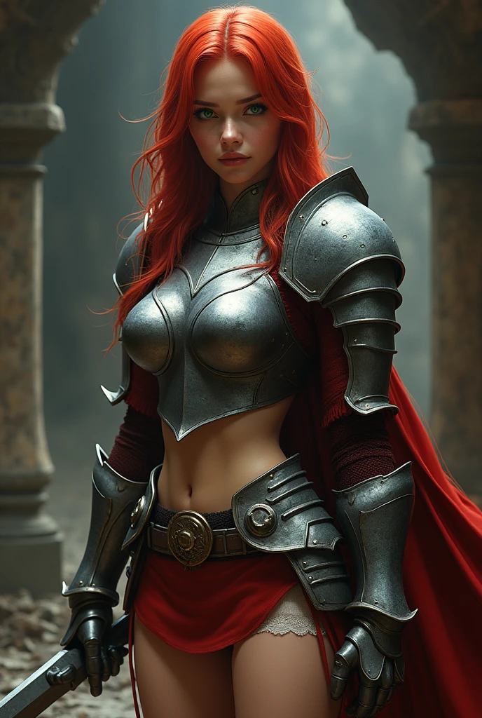 (warrior: 1.5), (redhead warrior: 1.3), 1 girl, solo, pretty girl, young girl, (red hair), (green eyes), skinny girl, perfect breasts, juicy, pretty face, thin waist, thick legs, flexible body, (knight armor), (steel breastplate, steel gauntlets, steel gloves: 1.1), (red miniskirt: 1.3), (skirt lifted alone: ​​1.1), (skirt lifted: 1.3), (showing white see-through panties: 1.3), holey panties, tiny mini panties, pubic hair, meaty pussy, stuffed, (cameltoe: 1.2), frontal, (cowboy photo), medieval fantasy, Dungeons and dragons, RPG character, best quality, (masterpiece), ultra-realistic, 8k, (In SFW: 1.7)