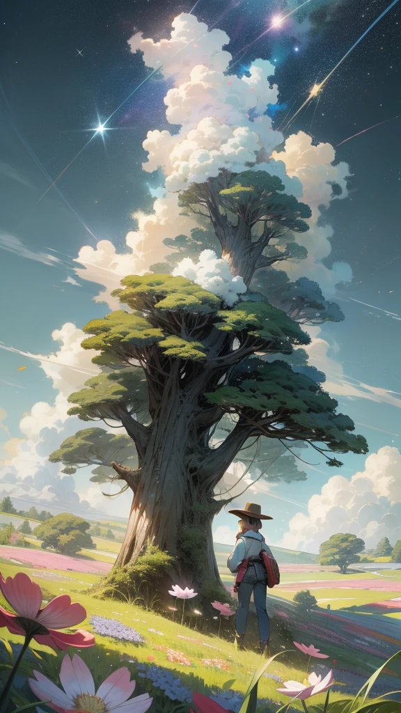 Viral anime nature wallpaper in 4K quality, in the style of Pixar 3D inspired by Toy Story, showcasing a lush meadow filled with colorful wildflowers, a clear blue sky with fluffy clouds, and a single majestic tree standing in the middle; bright and cheerful color temperature, cosmos lighting with stars twinkling in the sky, no human characters, the atmosphere is whimsical and joyful --v 5 --stylize 1000
