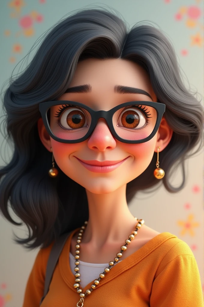 Pixar style image of a grandmother with flowing black hair, with black glasses and gold rim, He has big brown eyes and a piercing on the right side of his nose., a small mole on the left cheek 