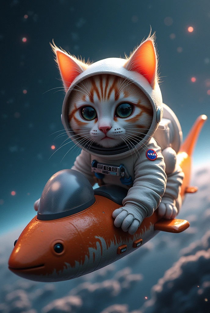 a highly detailed anthropomorphic cat astronaut (((riding on a sardine spaceship:1.5))) in deep space, beautiful detailed eyes, beautiful detailed lips, extremely detailed eyes and face, ((the cat is wearing an astronaut helmet:1.3)), the NASA logo is on the astronaut suitbeautiful detailed eyes, long eyelashes, intricate details, cinematic lighting, vibrant colors, dramatic atmosphere, epic sci-fi, photorealistic, 16k, best quality, masterpiece