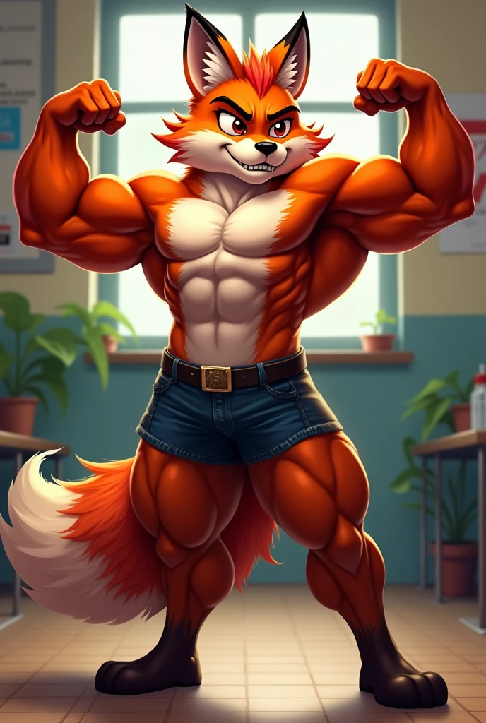 Solo male , furry,red fox ,red hair, muscly, flexing, School Student